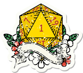 natural one d20 dice roll grunge sticker