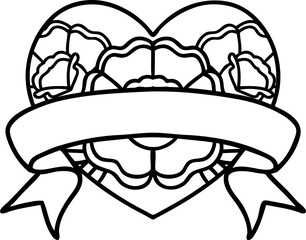 black line tattoo of a heart and banner with flowers