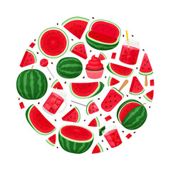 Fresh Watermelon Round Composition Design with Juicy Red Fruit Vector Template