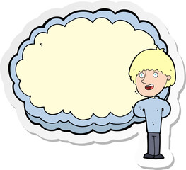 sticker of a cartoon happy man with cloud text space