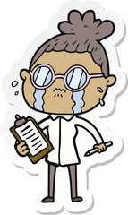 sticker of a cartoon crying woman wearing spectacles