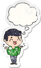 cartoon laughing confused man and thought bubble as a distressed worn sticker