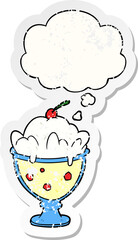 cartoon dessert and thought bubble as a distressed worn sticker