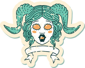 tiefling character face with scroll banner illustration