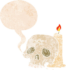 cartoon spooky skull and candle and speech bubble in retro textured style
