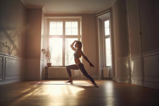 young beautiful woman doing yoga in a modern bright room with large windows at sunny day. Yoga at home concept. Ai generated.