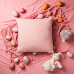 pink easter pillow design, mockup pillow with easter egg background