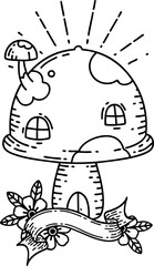 banner with black line work tattoo style toadstool house