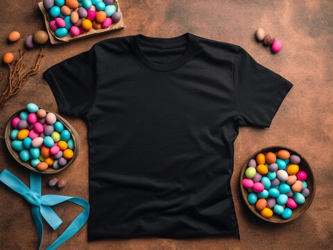 Black T-shirt Easter Eggs background mockup template for design, Blank black t-shirt easter 