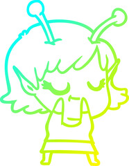 cold gradient line drawing smiling alien girl cartoon