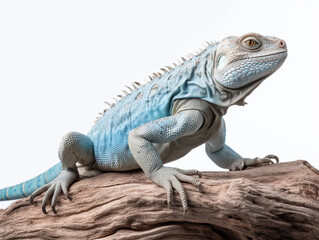 Obraz premium Studio portrait of a blue iguana on a tree branch. isolated on white background. ai generative