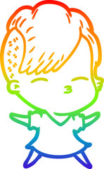 rainbow gradient line drawing cartoon squinting girl