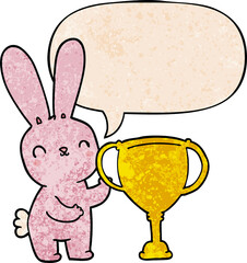 cute cartoon rabbit and sports trophy cup and speech bubble in retro texture style