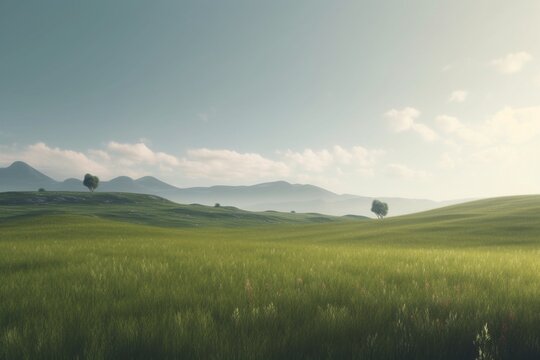 A minimalist landscape with a tranquil meadow or pasture, Generative AI