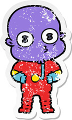 distressed sticker of a cartoon weird bald spaceman