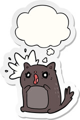 cartoon shocked cat and thought bubble as a printed sticker