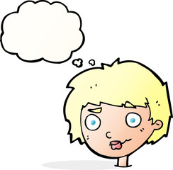 cartoon confused woman with thought bubble
