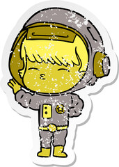 distressed sticker of a cartoon curious astronaut