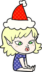 pretty comic book style illustration of a elf girl wearing santa hat