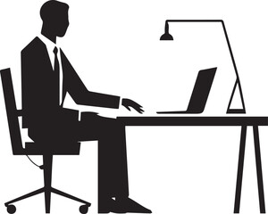 Silhouette of a man working on a laptop. Office worker. Vector illustration.