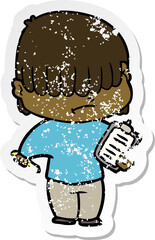 distressed sticker of a cartoon boy with untidy hair