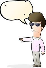 cartoon man in glasses pointing with speech bubble