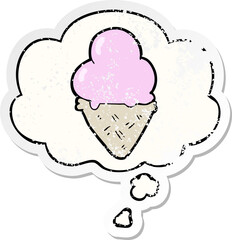 cartoon ice cream and thought bubble as a distressed worn sticker