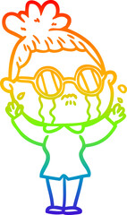 rainbow gradient line drawing cartoon crying woman wearing spectacles