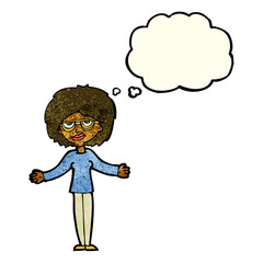 cartoon woman wearing spectacles with thought bubble