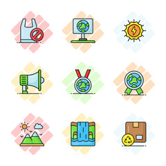 World mother earth day related icons set such as, plastic bag, solar energy, speaker, medal, badge, mountain, waterfall, carton