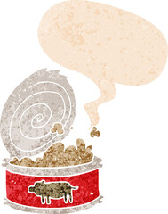 cartoon canned food and speech bubble in retro textured style