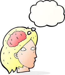 cartoon female head with brain symbol with thought bubble