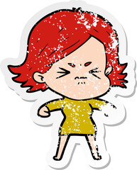 distressed sticker of a cartoon angry girl