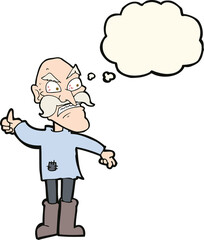 cartoon angry old man in patched clothing with thought bubble