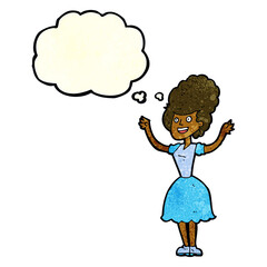 cartoon happy 1950's woman with thought bubble