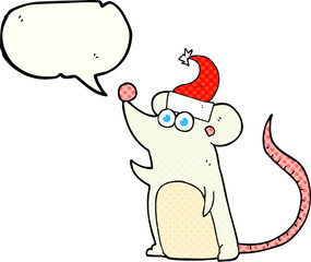 comic book speech bubble cartoon mouse in christmas hat