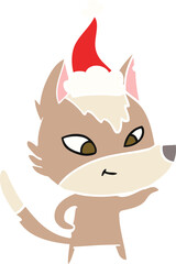 friendly flat color illustration of a wolf wearing santa hat