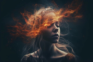 Ai illustration of woman with fire around head 