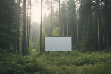 Empty billboard. Layout. Empty banner in the forest. Outdoor billboard mockup, outdoor advertising poster against the background of trees and bushes. Generative AI