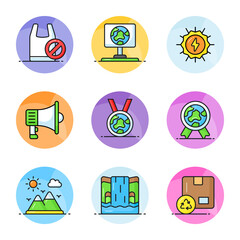 World mother earth day related icons set such as, plastic bag, solar energy, speaker, medal, badge, mountain, waterfall, carton
