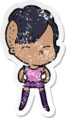 distressed sticker of a cartoon squinting girl