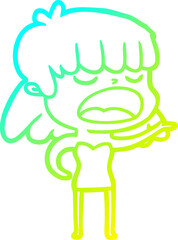 cold gradient line drawing cartoon woman talking loudly