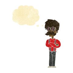 cartoon hipster man with mustache and spectacles with thought bubble