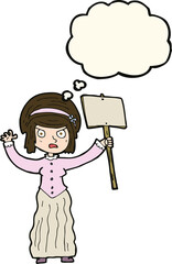 cartoon vicorian woman protesting with thought bubble