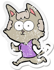 distressed sticker of a happy cartoon cat jogging