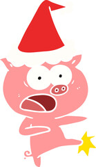 flat color illustration of a pig shouting and kicking wearing santa hat