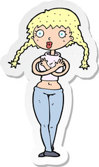 sticker of a cartoon offended woman covering herself
