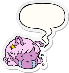 cartoon alien space girl face crying and speech bubble sticker