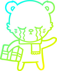 cold gradient line drawing crying cartoon bear with present
