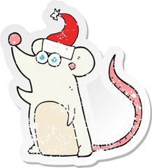 retro distressed sticker of a cartoon mouse in christmas hat